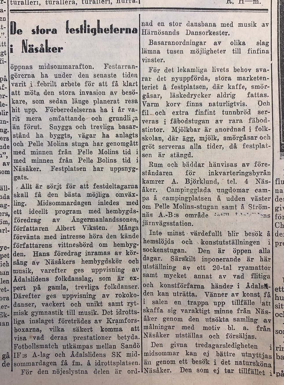 "De stora festligheterna i Näsåker", Västernorrlands Allehanda den 21 juni 1938